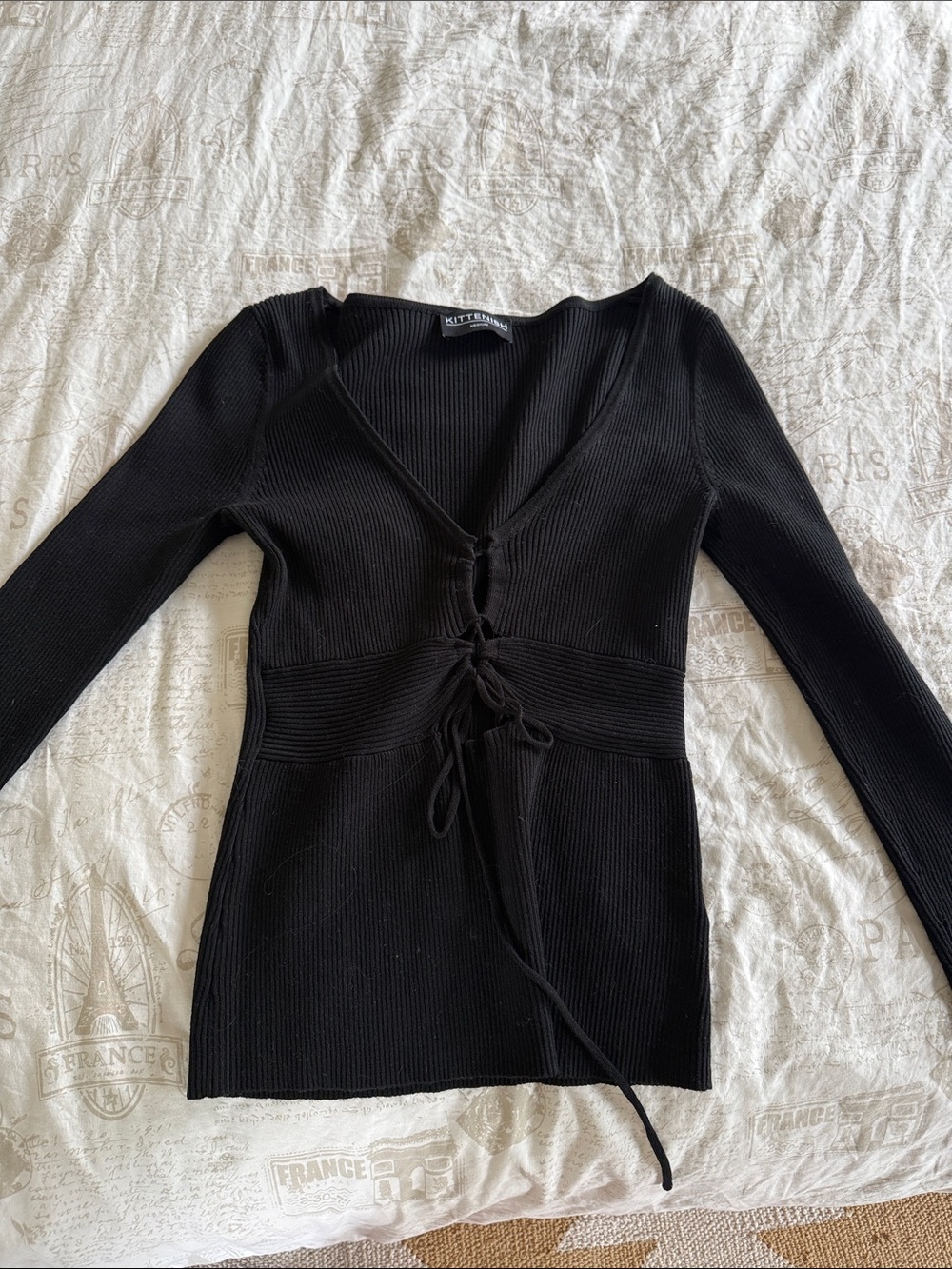 Kittenish Black Ribbed Tie-Front Long Sleeve Top